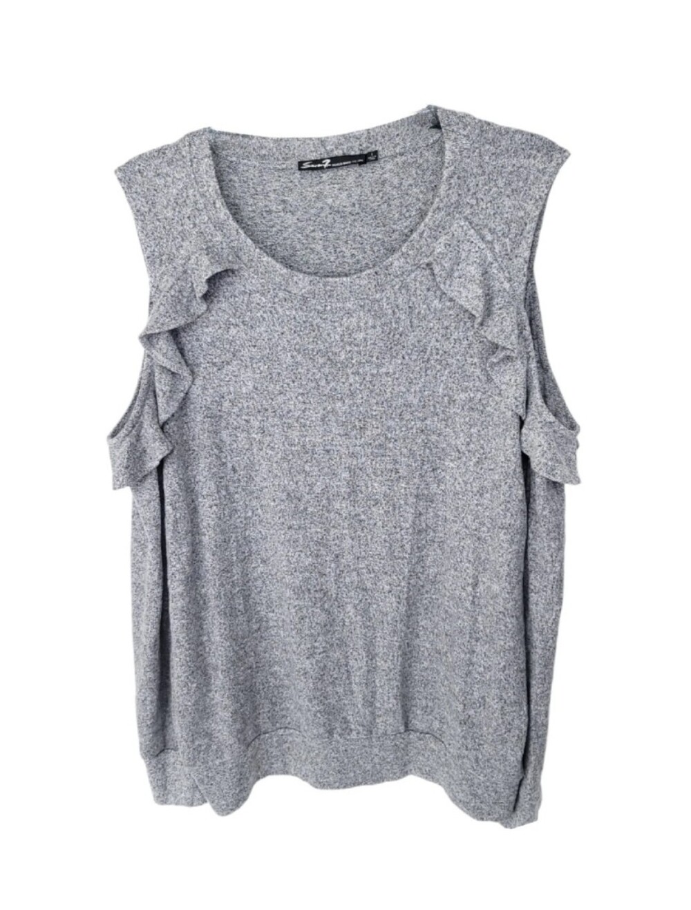 Seven7 Sweater Womens Large Cold Shoulder Y2K Knit Gray Long Sleeve Top Ruffle